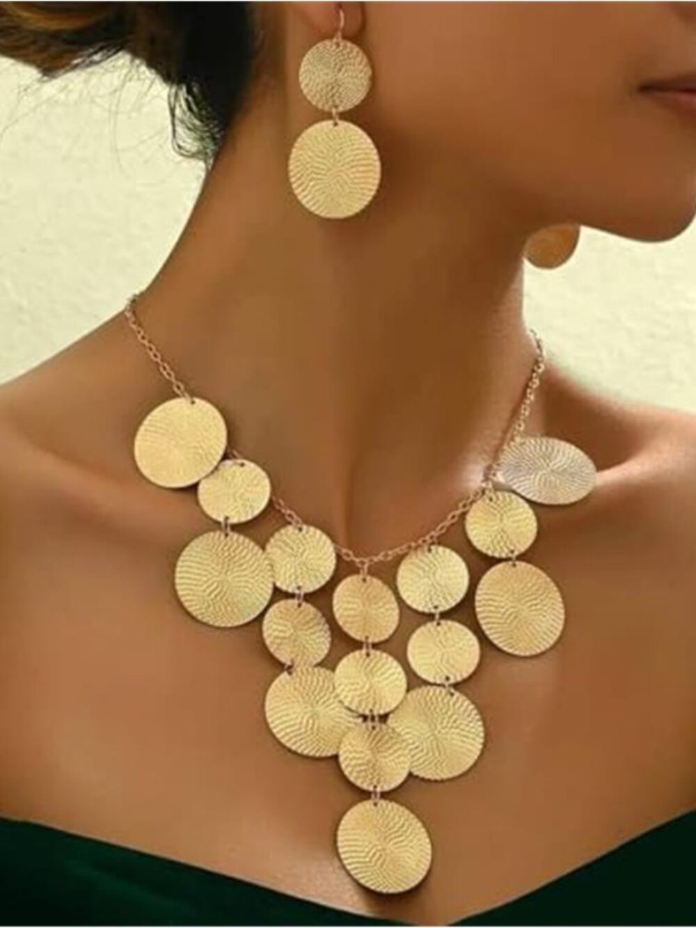 Chunky Gold Disc Necklace Earrings Set Hammered Statement Jewelry for Women